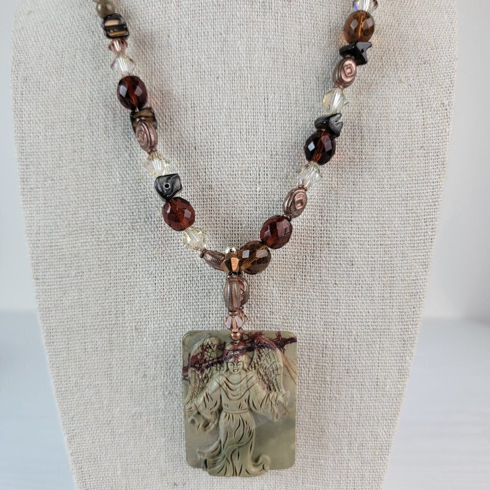 Palmer & Palmer Picasso Jasper Pendant Swaroviski Sterling Silver Necklace 21 In